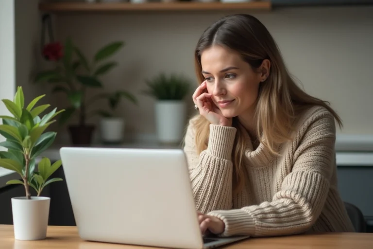 Femme en sweater beige travaillant sur un ordinateur à la maison