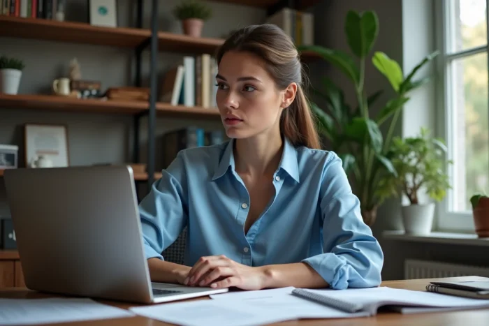 Femme concentrée travaillant sur son ordinateur dans un bureau cosy