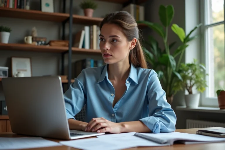 Femme concentrée travaillant sur son ordinateur dans un bureau cosy