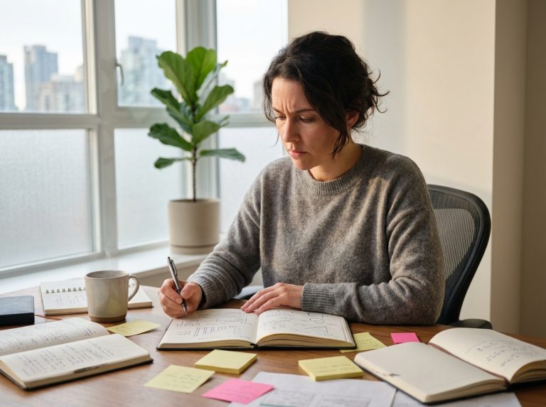 Femme concentrée travaillant à son bureau avec des cahiers et un café, dans un bureau à domicile moderne