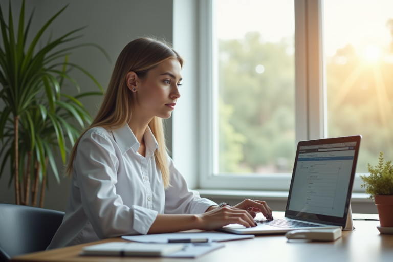 Jeune femme au bureau réservant un rendez-vous médical