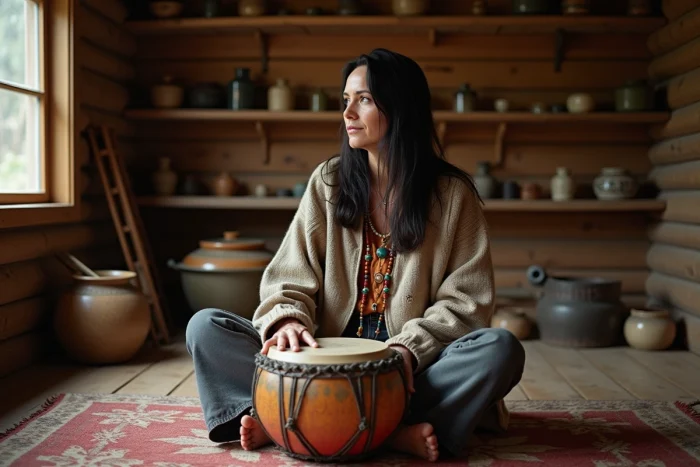 Femme assise dans une cabane en bois avec un tambour peint