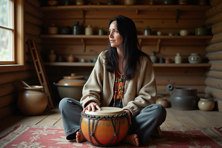 Femme assise dans une cabane en bois avec un tambour peint
