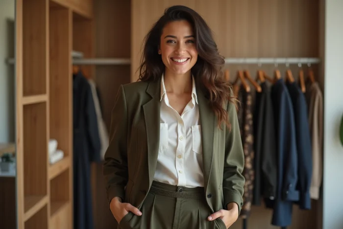 Femme confiante en blazer moderne dans une boutique