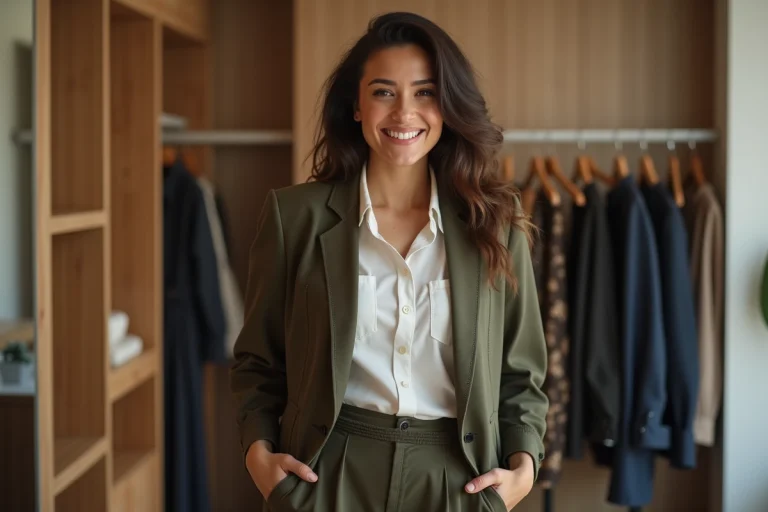 Femme confiante en blazer moderne dans une boutique