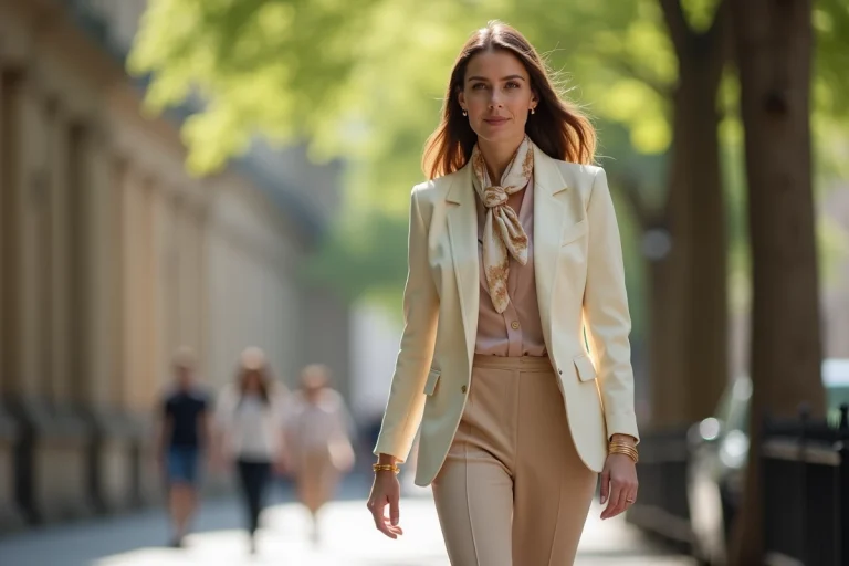 Femme élégante en blazer beige marchant en ville