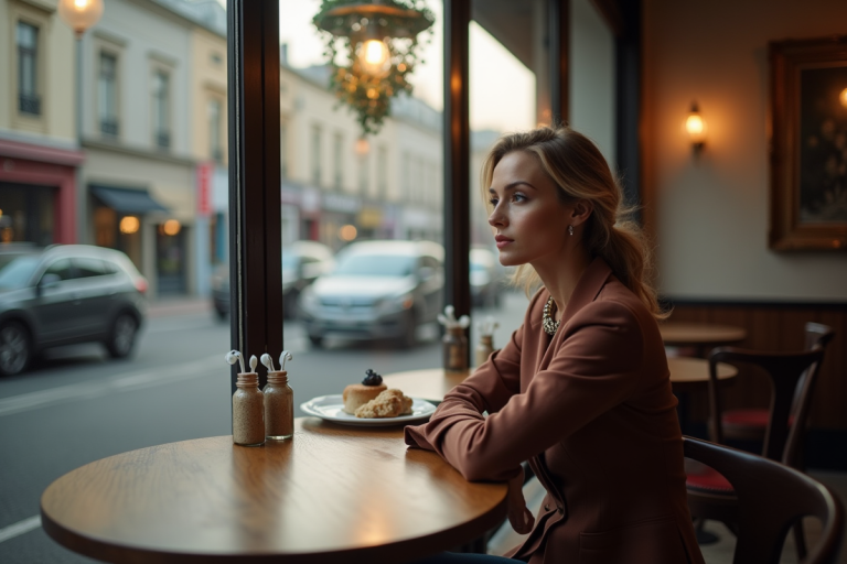 Femme élégante assise seule dans un café en journée