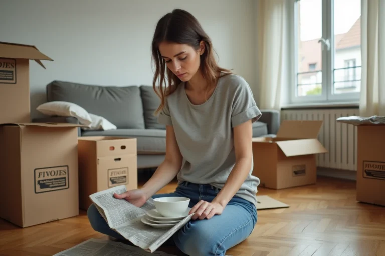 Femme emballant de la vaisselle dans des cartons lors d'un déménagement organisé et économique dans un appartement