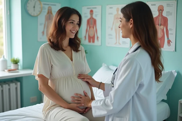 Femme enceinte avec médecin dans un cabinet moderne