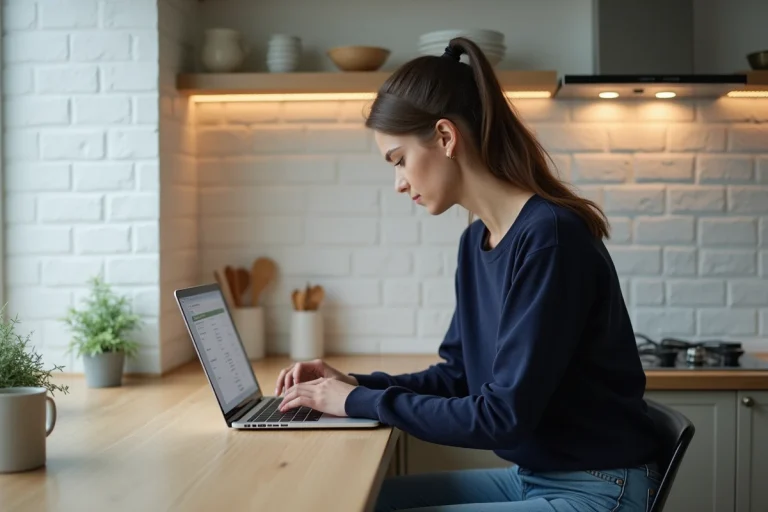 Jeune femme étudie des annonces immobilières à la maison