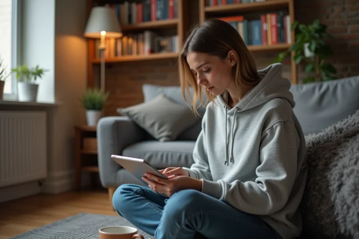 Jeune femme lisant l'actualité internationale sur une tablette numérique dans un appartement, restant informée des enjeux mondiaux