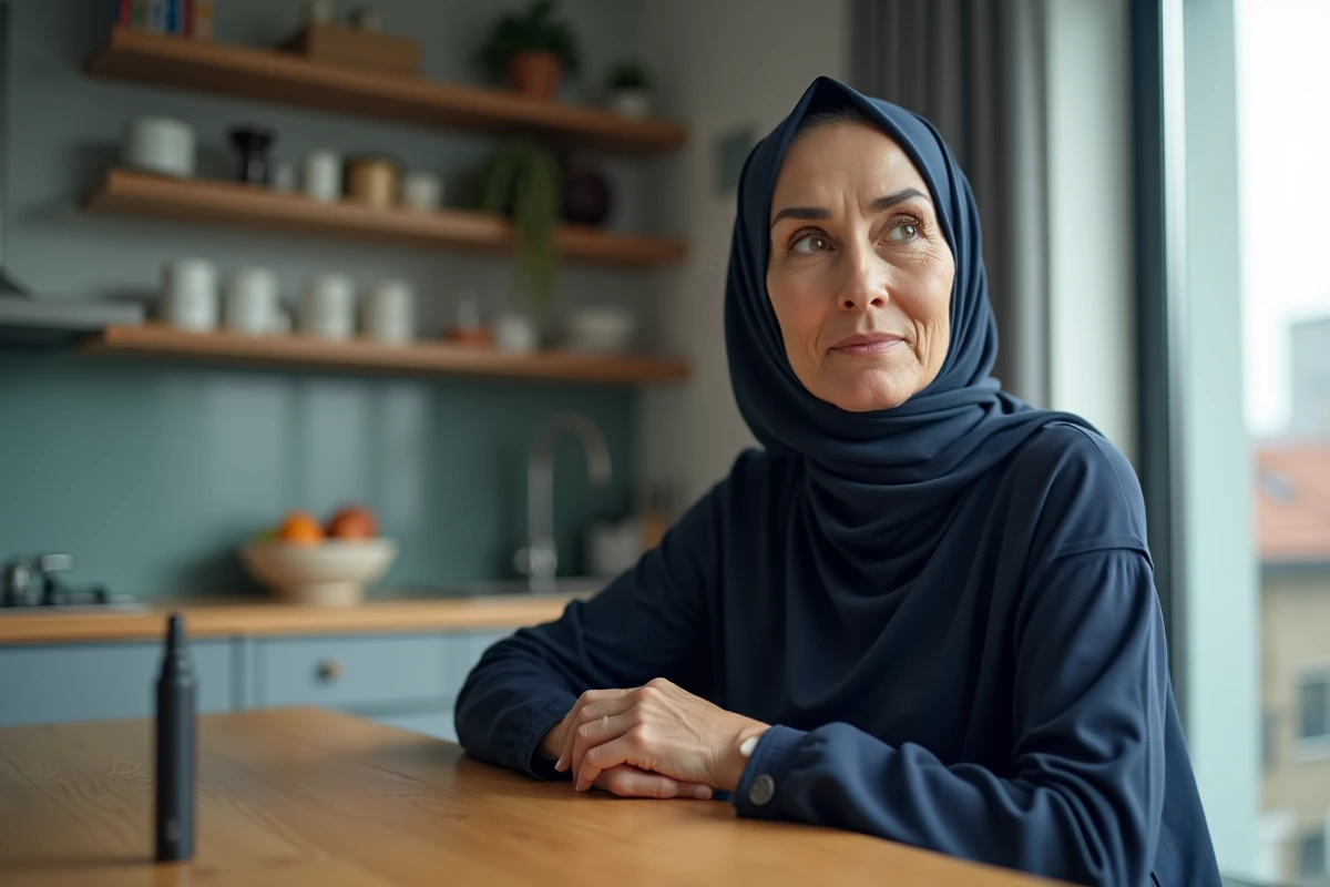 Femme musulmane dans sa cuisine regarde son vape