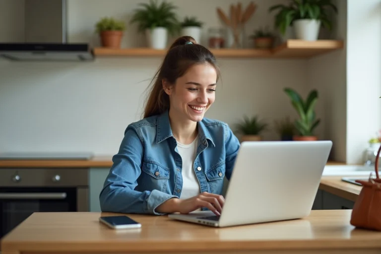Jeune femme souriante utilisant un ordinateur pour vendre en ligne