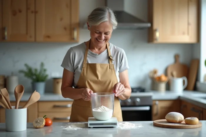 Femme en tablier pèse de la farine dans la cuisine