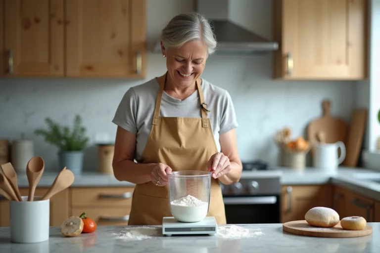 Femme en tablier pèse de la farine dans la cuisine