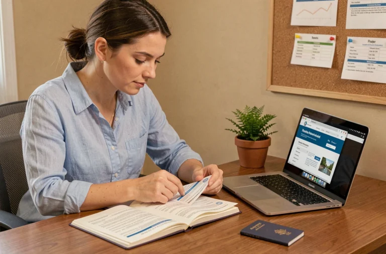 Femme préparant ses démarches administratives pour voyager, assise à un bureau avec passeport et ordinateur portable