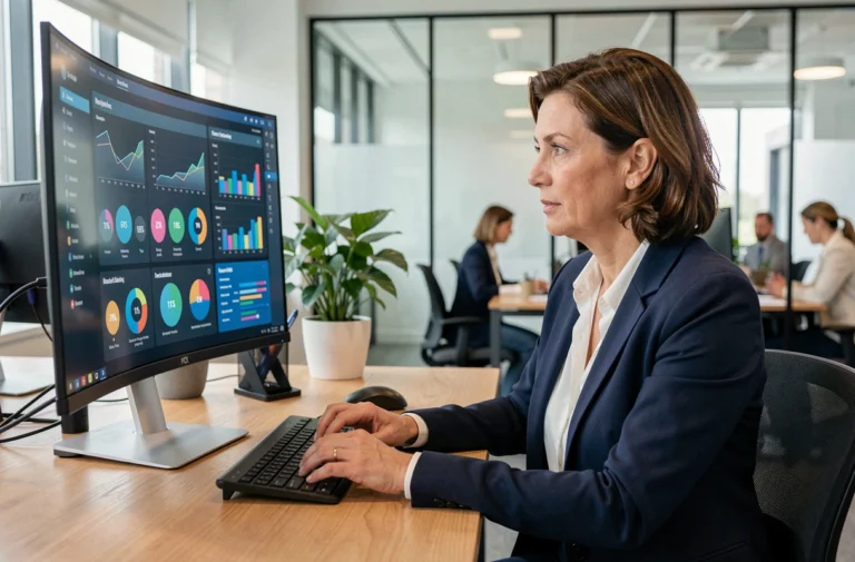Femme professionnelle en blazer marine analysant des tableaux de bord analytiques sur un grand écran incurvé dans un open space moderne
