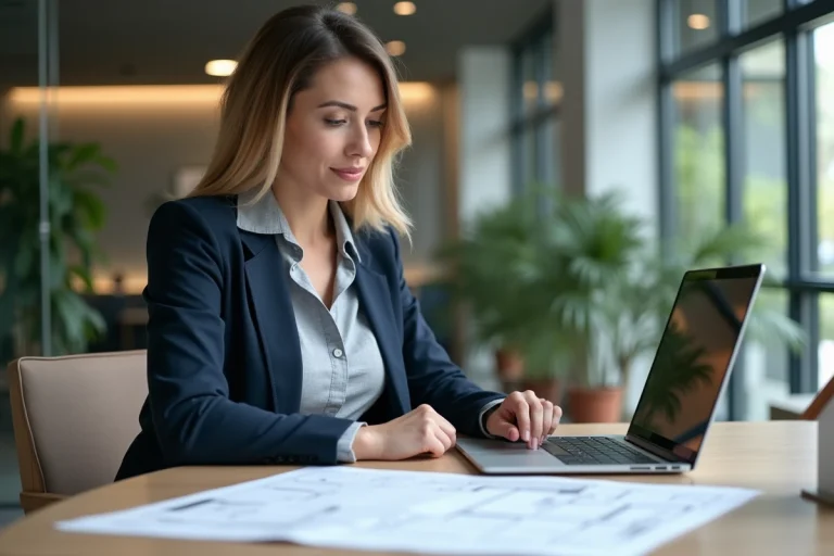 Femme professionnelle de l'immobilier analysant des plans architecturaux dans un bureau moderne