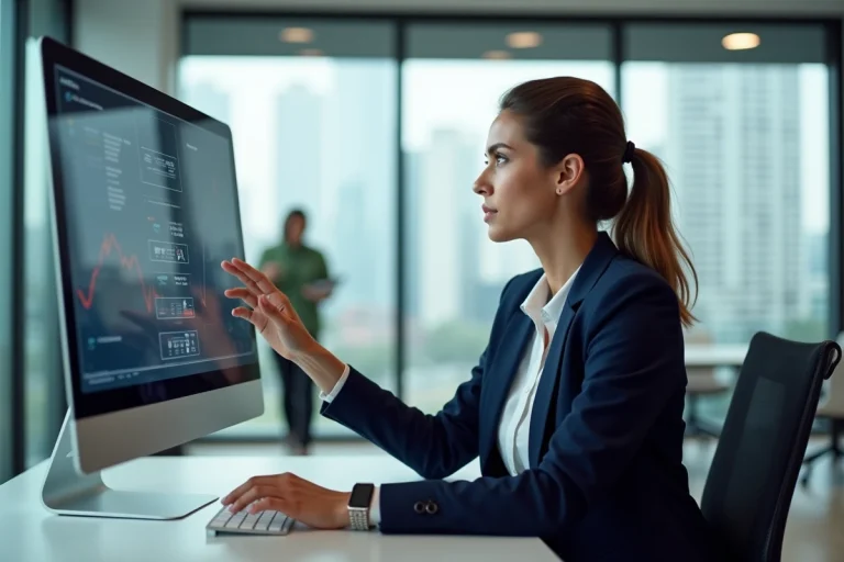 Femme professionnelle en réunion avec visualisations de données