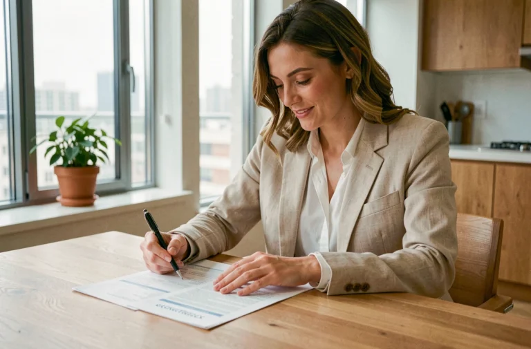 Femme consultant des annonces immobilières à louer à une table en bois dans un appartement moderne