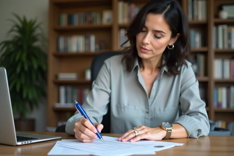 Femme d'âge moyen remplissant un formulaire CERFA 13757 dans un bureau à domicile
