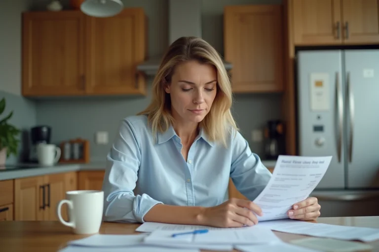 Femme d'âge moyen examine ses papiers à la maison