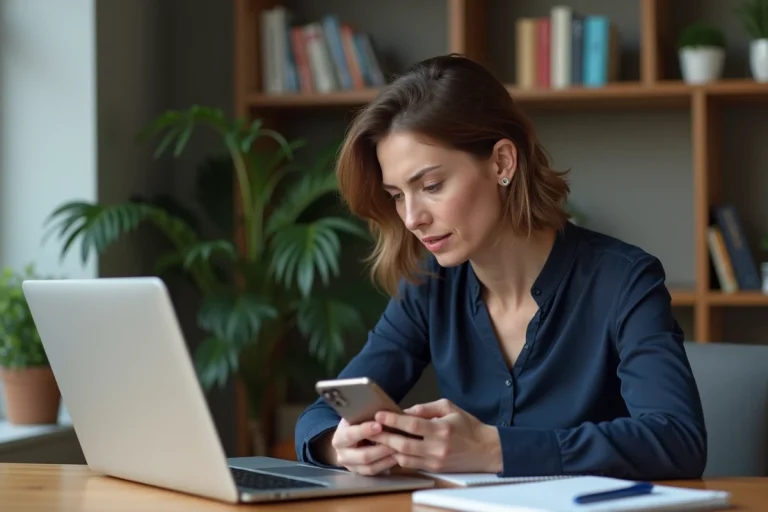 Femme regardant son smartphone dans un appartement moderne