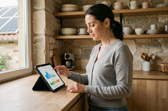 Femme consultant les données de consommation énergétique solaire sur une tablette dans une cuisine rénovée à Toulouse