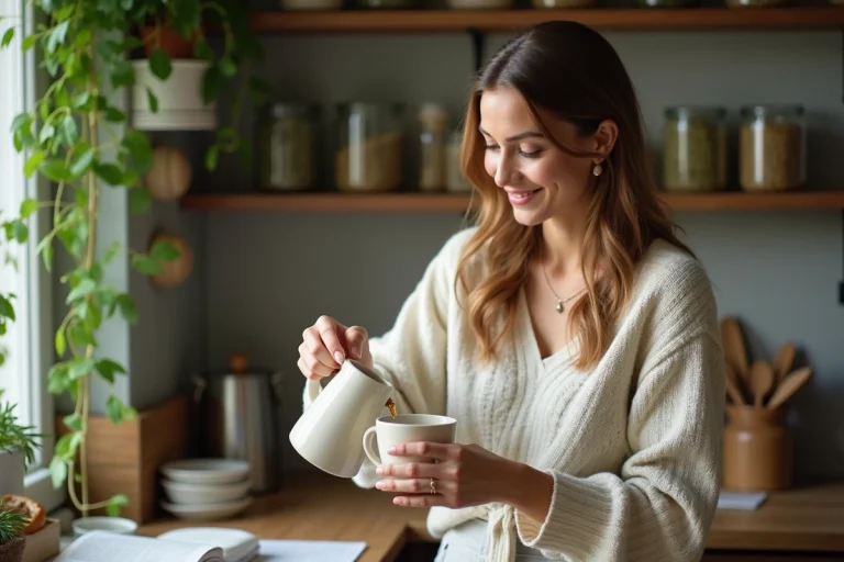 Femme versant du thé aux herbes dans une cuisine chaleureuse