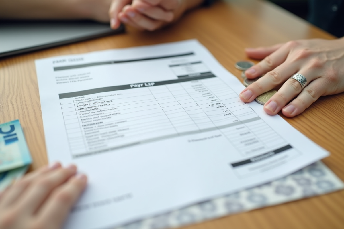 Fiche de paie avec pièces et billets d euro sur une table