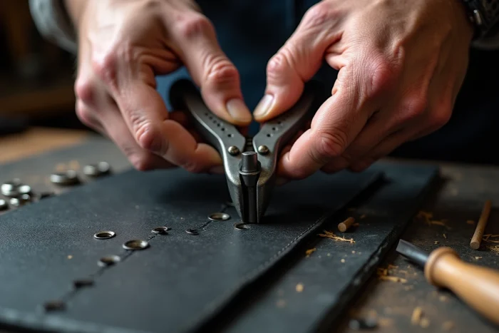 Gros plan sur des mains tenant une pince perforatrice rotative pour réaliser des perforations régulières dans du cuir noir avec précision