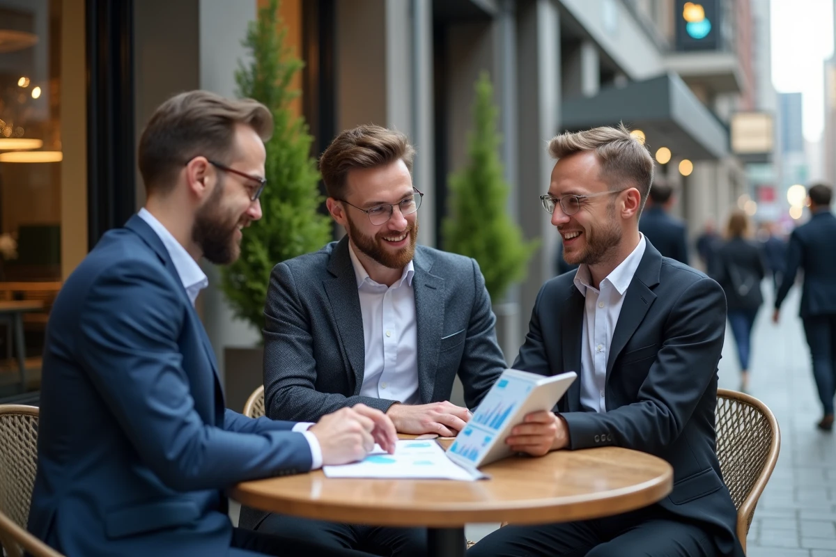 Groupe de professionnels discutant en extérieur avec tablette