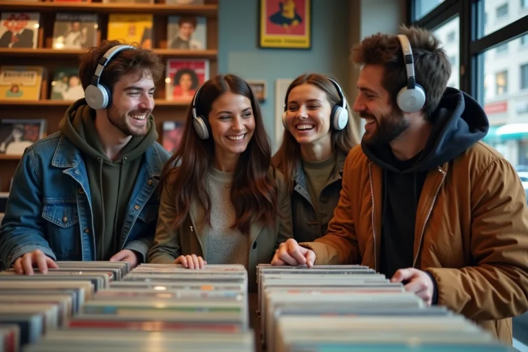 Groupe d'amis souriants partageant des vinyles en boutique