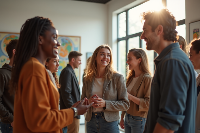 Groupe d'artistes dans une galerie d'art lumineuse