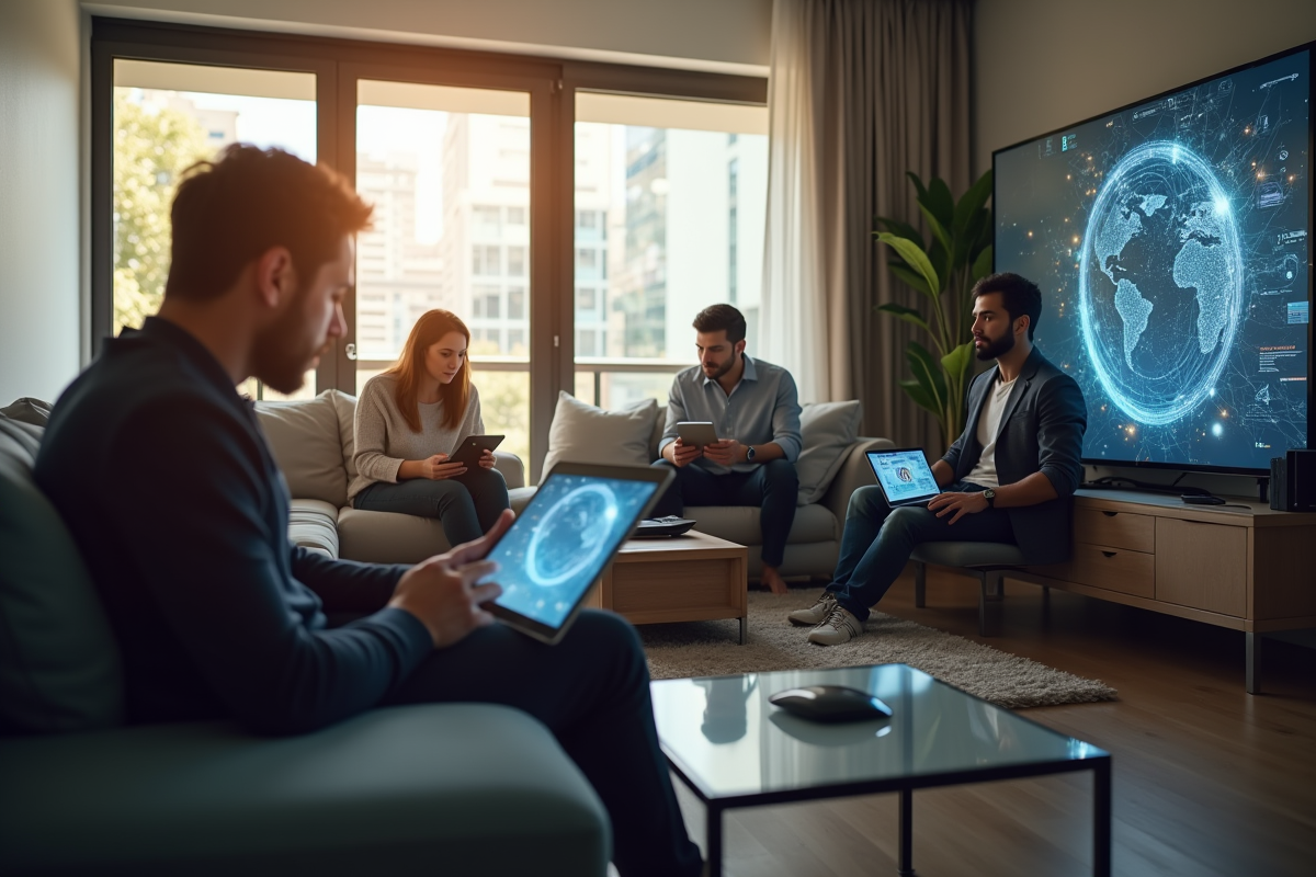 Groupe diversifié utilisant des appareils avec réseau numérique dans un salon