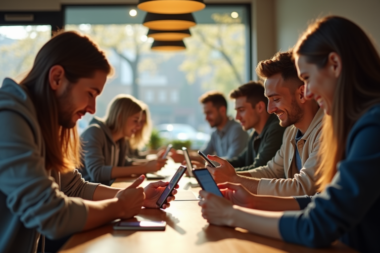 Jeunes adultes au café utilisant leurs smartphones