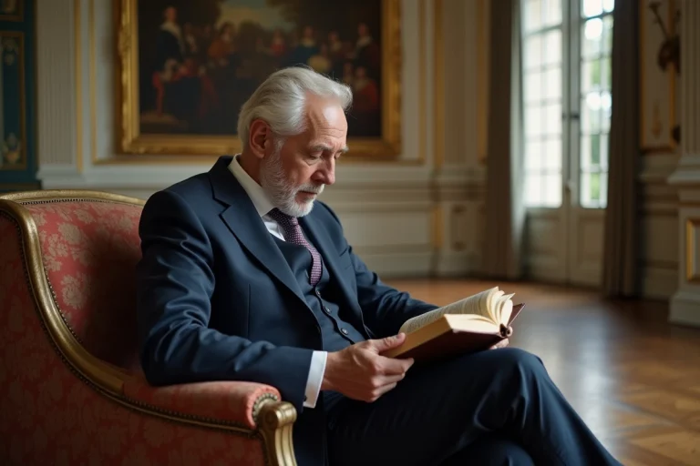 Homme d'âge avancé lisant un livre ancien dans un intérieur élégant