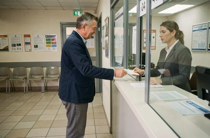 Homme déposant ses documents administratifs dans un bureau de poste avant un voyage à l'étranger