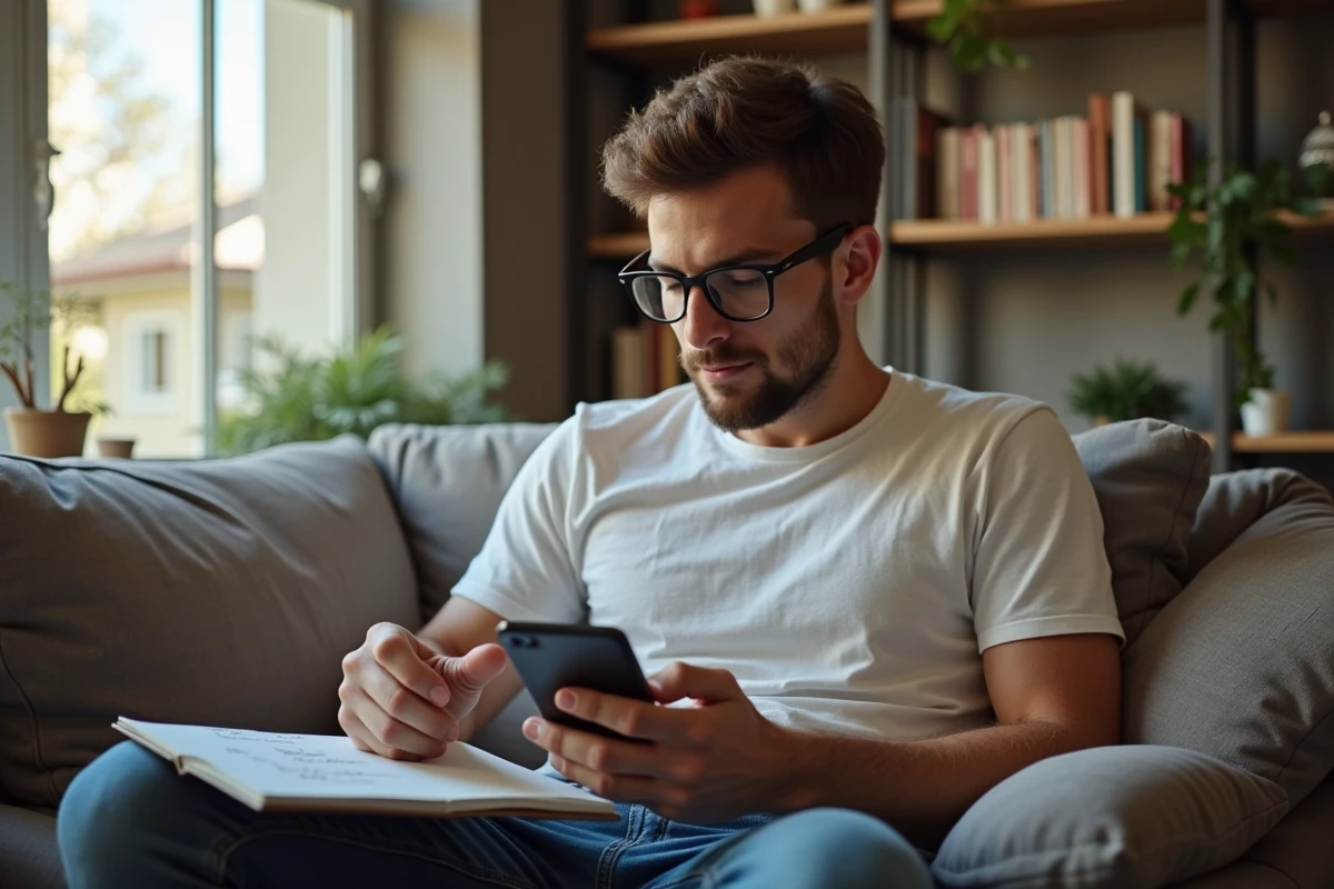 Jeune homme avec smartphone et notes dans un salon lumineux
