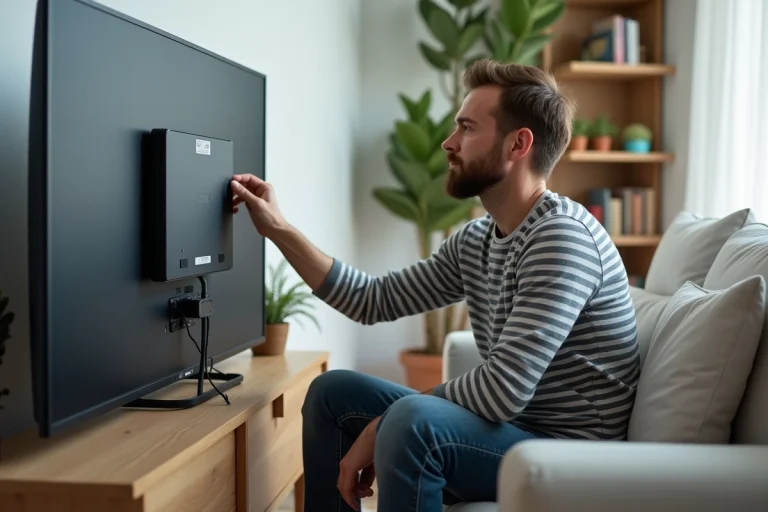 Homme en casual examine le dos d'une TV connectée