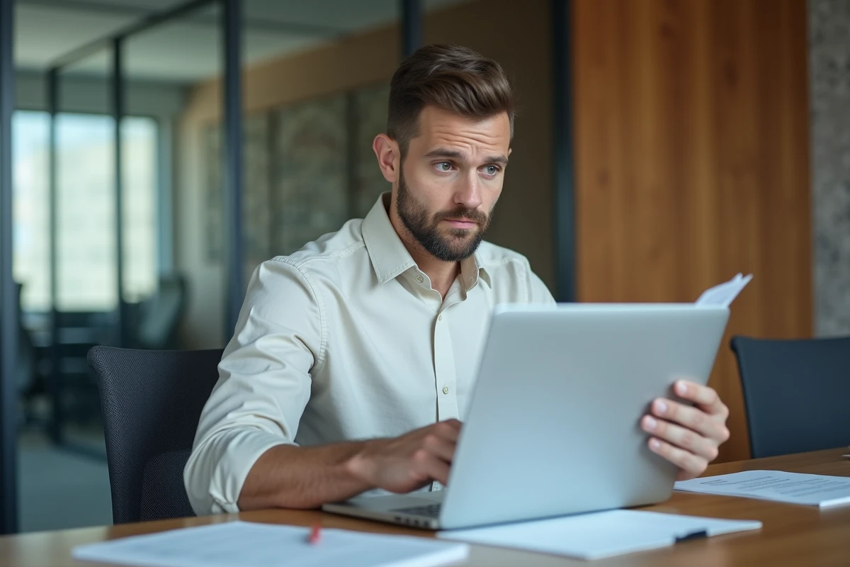 Homme en réunion analysant un document et un flash drive