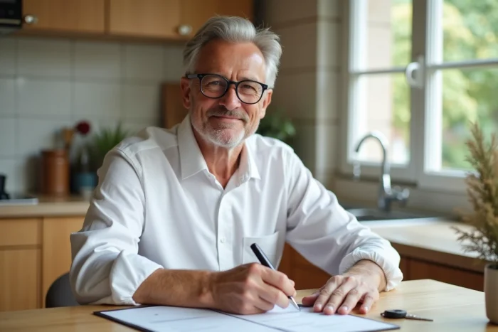 Homme signant un contrat immobilier à la table de cuisine avec des clés de maison