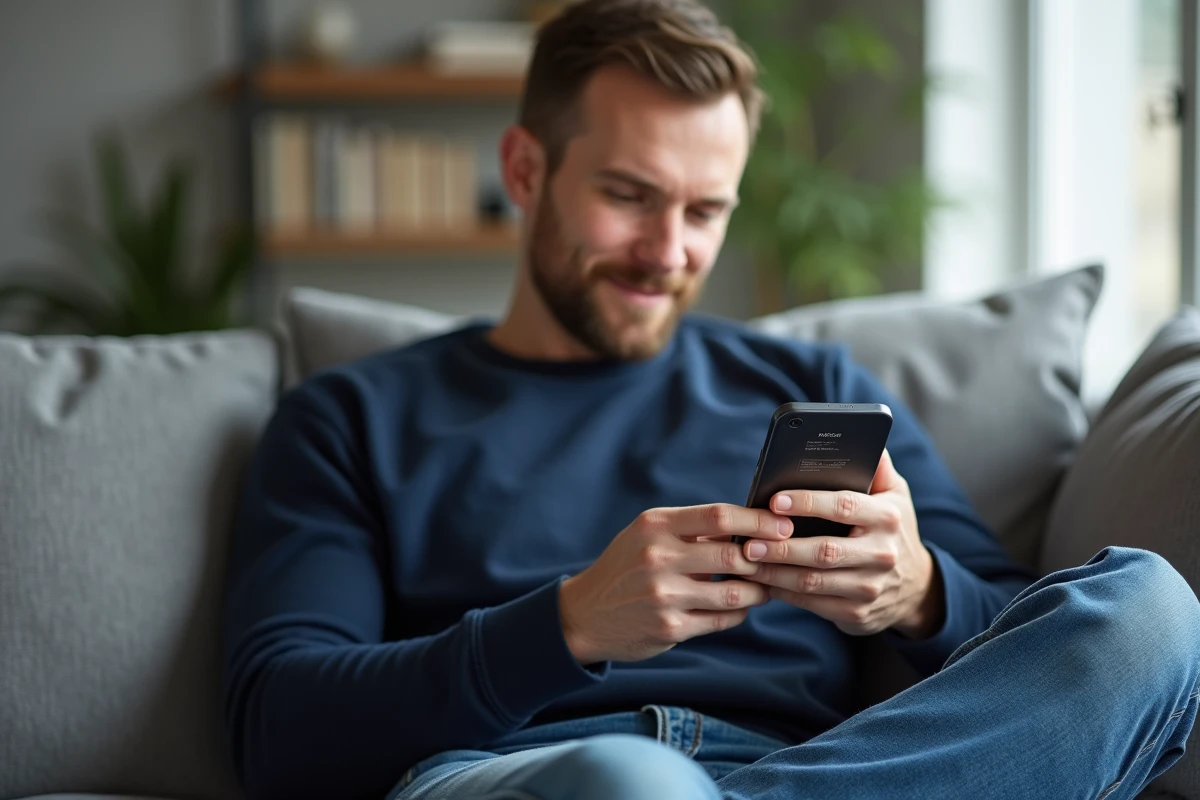 Homme utilisant un smartphone dans un salon lumineux