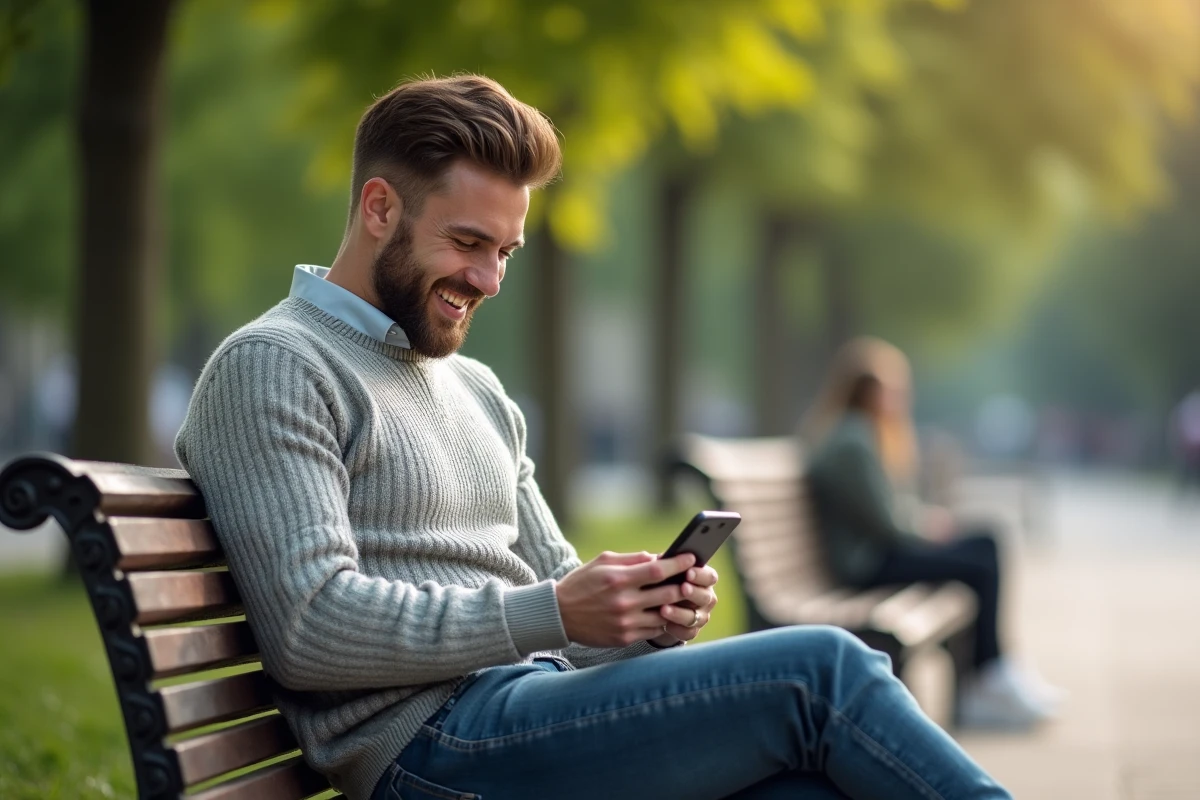 Homme souriant en sweater XXL dans un parc urbain