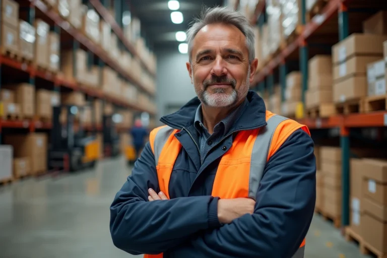 Homme d age en veste de travail dans un entrepôt organisé
