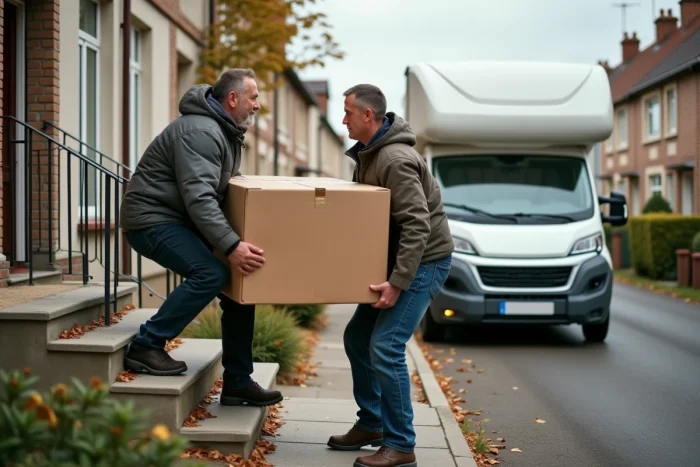 Deux hommes portant un carton de déménagement vers un camion devant une maison de banlieue