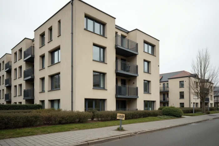 Immeuble résidentiel de type Scellier avec panneau à louer illustrant la fin de la période d'engagement locatif de neuf ans
