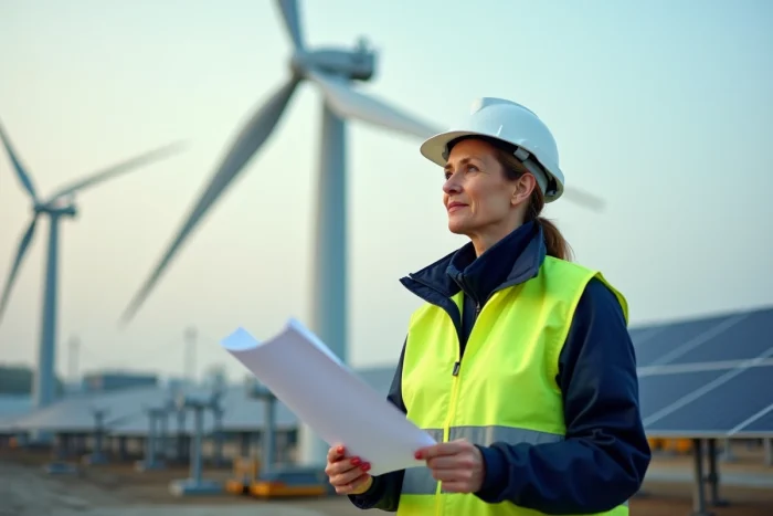Ingénieure en énergie sur un site industriel d'énergie renouvelable avec éoliennes et panneaux solaires