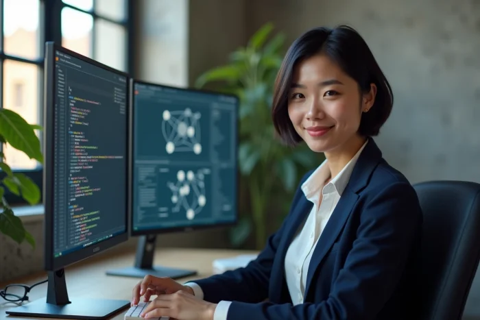 Ingénieure en intelligence artificielle travaillant sur des modèles de réseaux de neurones dans un bureau tech