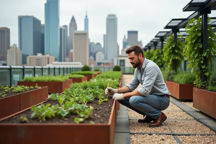 Architecte paysagiste travaillant dans un jardin potager sur toiture en acier corten avec vue sur les toits d'une grande ville et panneaux solaires intégrés